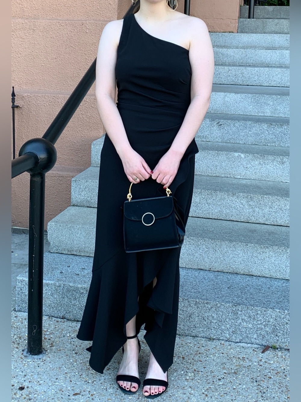 Black One Shoulder Ruched Ruffled Gown